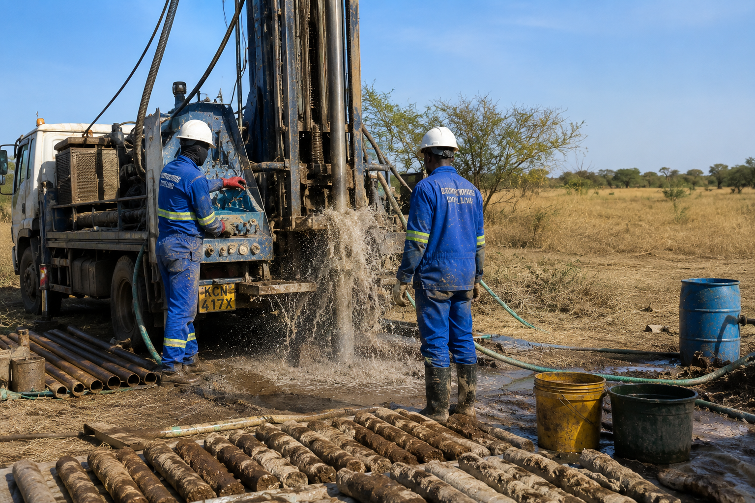 Drilling rig striking water on site