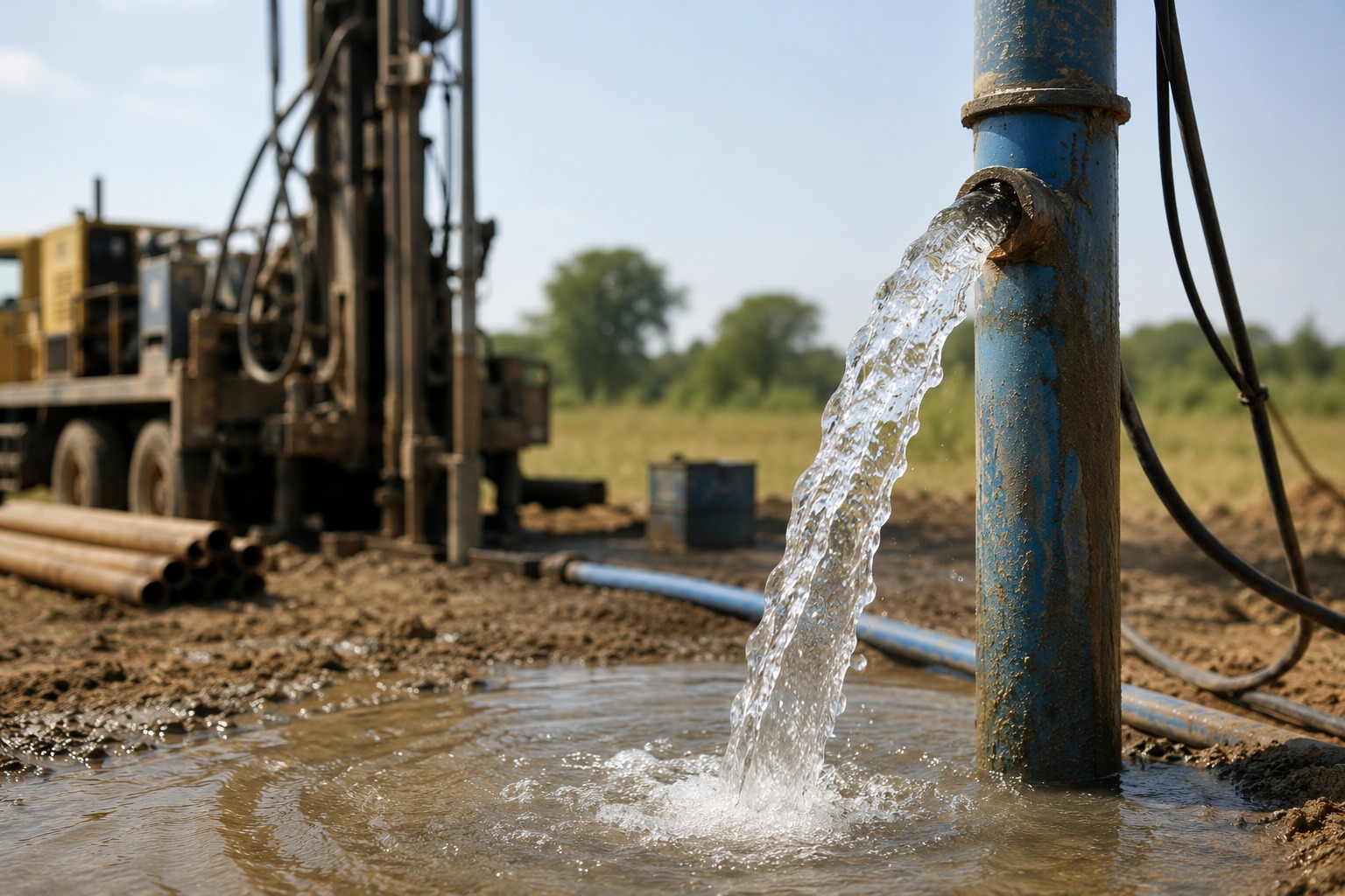 Water flowing from a blue borehole pipe at a drilling site