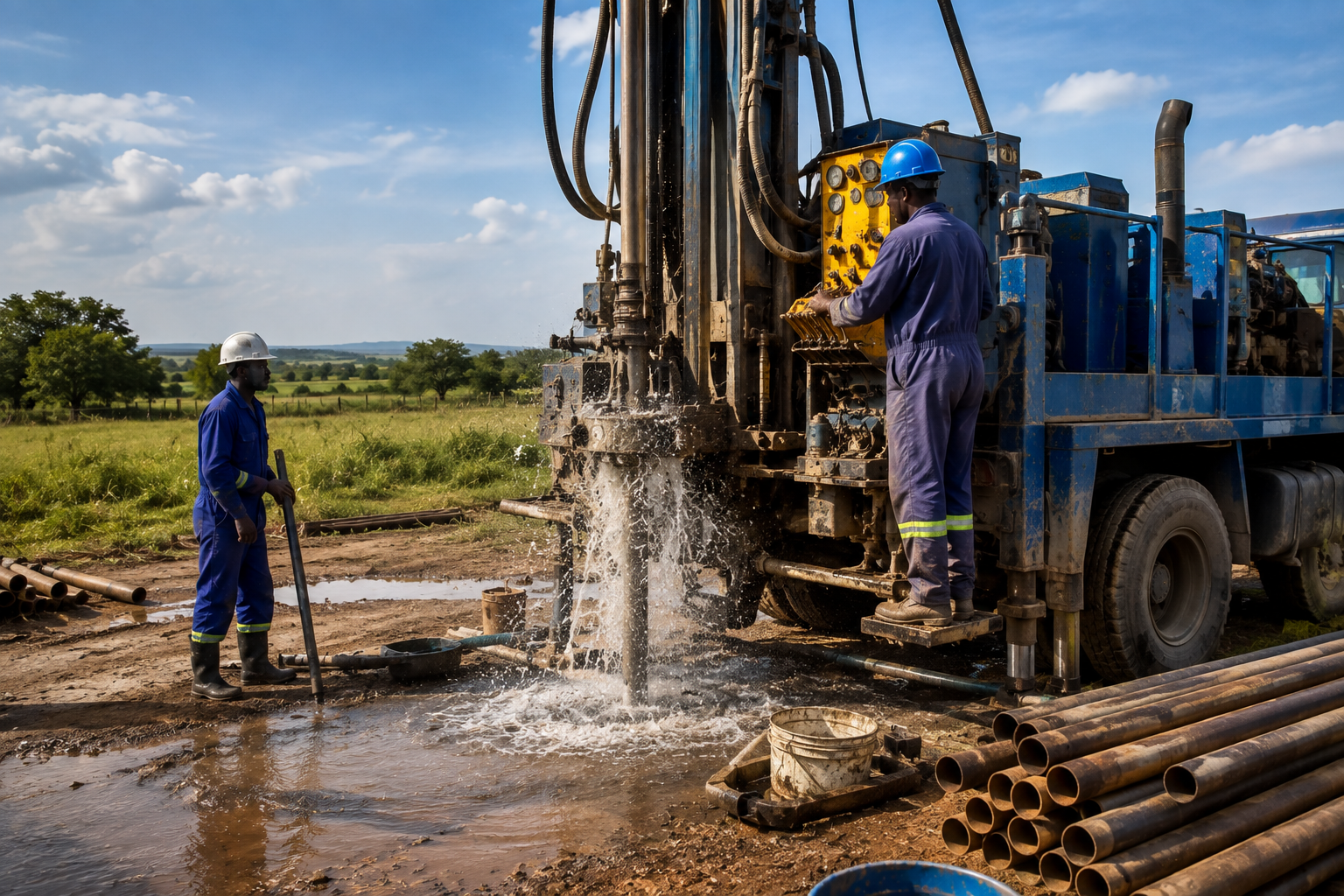 Drilling crew operating a rig in an open field